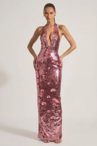 Rochie maxi cu gât halter și paiete Nolira, roz