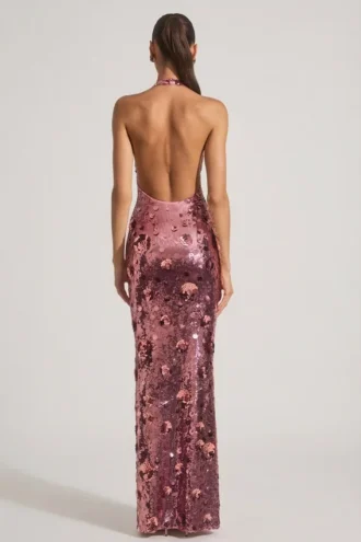 Rochie maxi cu gât halter și paiete Nolira, roz