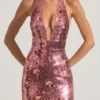 Rochie maxi cu gât halter și paiete Nolira, roz Rochie maxi cu gât halter și paiete Nolira, roz