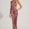 Rochie maxi cu gât halter și paiete Nolira, roz Rochie maxi cu gât halter și paiete Nolira, roz