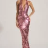 Rochie maxi cu gât halter și paiete Nolira, roz Rochie maxi cu gât halter și paiete Nolira, roz