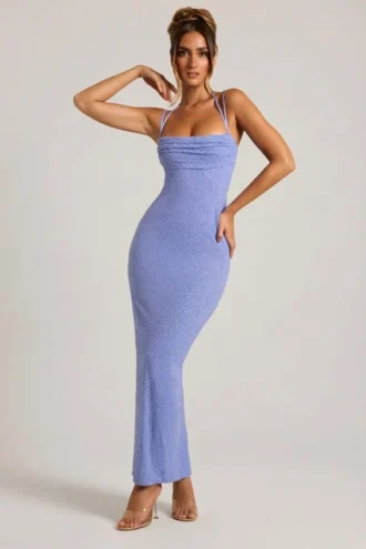 Rochie maxi cu guler cowl și ornamente Monte Carlo, albastru pudră