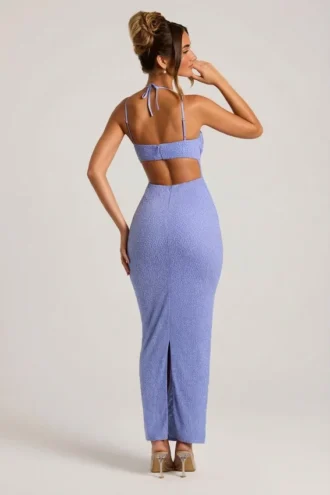 Rochie maxi cu guler cowl și ornamente Monte Carlo, albastru pudră