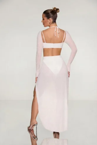 Rochie Maxi cu guler înalt și ornamente Champel, culoare ivoriu