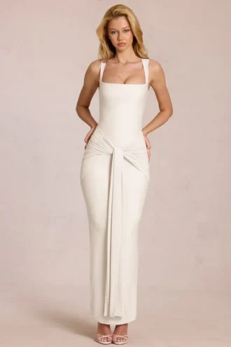 Rochie maxi cu guler pătrat și drapaj Nayeli, culoare Ivory