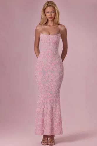 Rochie Maxi cu guler pătrat și ornamente Valora, în roz pudrat