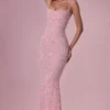 Rochie Maxi cu guler pătrat și ornamente Valora, în roz pudrat