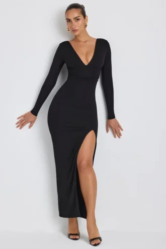 Rochie maxi cu mâneci lungi și decolteu adânc Marcela Modal, negru Rochie maxi cu mâneci lungi și decolteu adânc Marcela Modal, negru