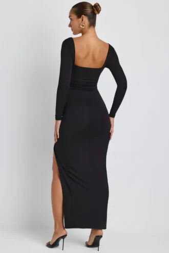 Rochie maxi cu mâneci lungi și decolteu adânc Marcela Modal, negru Rochie maxi cu mâneci lungi și decolteu adânc Marcela Modal, negru