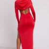 Rochie maxi cu mâneci lungi și glugă Desdemona, în culoarea roșu aprins Rochie maxi cu mâneci lungi și glugă Desdemona, în culoarea roșu aprins