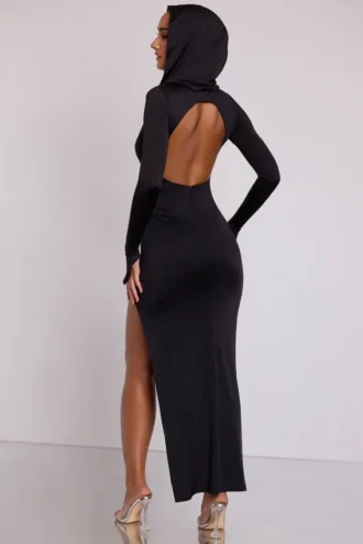 Rochie maxi cu mâneci lungi și glugă Desdemona, negru Rochie maxi cu mâneci lungi și glugă Desdemona, negru