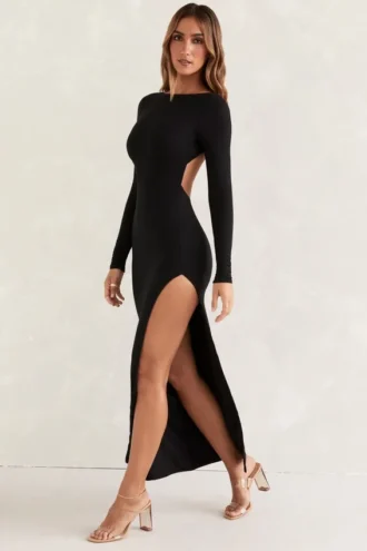 Rochie maxi cu mâneci lungi și spate decupat Kiah, negru Rochie maxi cu mâneci lungi și spate decupat Kiah, negru