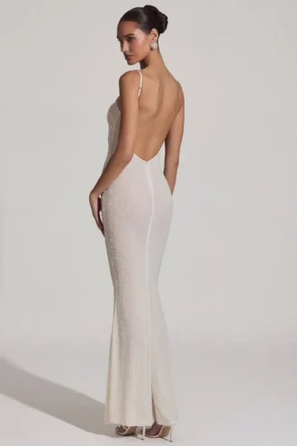 Rochie maxi cu spate decupat și detalii decorative Duhamel, albă Rochie maxi cu spate decupat și detalii decorative Duhamel, albă