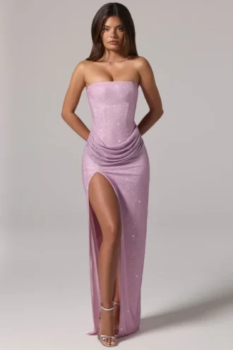 Rochie maxi cu talie înaltă și decolteu bandeau, cu ornamente, La Rochette, în roz Rochie maxi cu talie înaltă și decolteu bandeau, cu ornamente, La Rochette, în roz