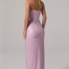 Rochie maxi cu talie înaltă și decolteu bandeau, cu ornamente, La Rochette, în roz Rochie maxi cu talie înaltă și decolteu bandeau, cu ornamente, La Rochette, în roz