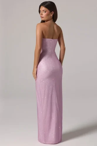 Rochie maxi cu talie înaltă și decolteu bandeau, cu ornamente, La Rochette, în roz Rochie maxi cu talie înaltă și decolteu bandeau, cu ornamente, La Rochette, în roz