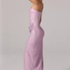 Rochie maxi cu talie înaltă și decolteu bandeau, cu ornamente, La Rochette, în roz Rochie maxi cu talie înaltă și decolteu bandeau, cu ornamente, La Rochette, în roz
