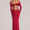 Rochie maxi cu umeri decupați și mâneci lungi Depny, în roșu cireș