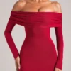 Rochie maxi cu umeri decupați și mâneci lungi Depny, în roșu cireș