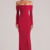 Rochie maxi cu umeri decupați și mâneci lungi Depny, în roșu cireș