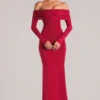 Rochie maxi cu umeri decupați și mâneci lungi Depny, în roșu cireș