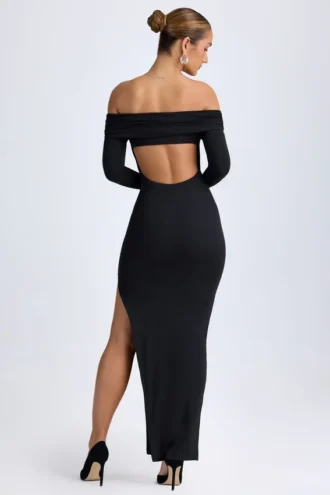 Rochie maxi cu umeri decupați și spate decupat Honora din modal, negru