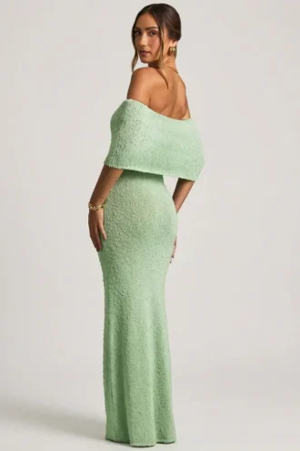 Rochie Maxi cu umeri decupați Naia din țesătură bouclé, culoare mentă Rochie Maxi cu umeri decupați Naia din țesătură bouclé, culoare mentă