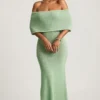 Rochie Maxi cu umeri decupați Naia din țesătură bouclé, culoare mentă Rochie Maxi cu umeri decupați Naia din țesătură bouclé, culoare mentă