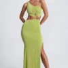 Rochie maxi cu un umăr și detalii metalice Rosalia, în culoarea verde măslin