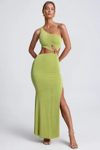 Rochie maxi cu un umăr și detalii metalice Rosalia, în culoarea verde măslin