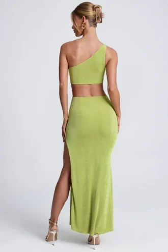Rochie maxi cu un umăr și detalii metalice Rosalia, în culoarea verde măslin