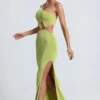 Rochie maxi cu un umăr și detalii metalice Rosalia, în culoarea verde măslin