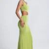 Rochie maxi cu un umăr și detalii metalice Rosalia, în culoarea verde măslin