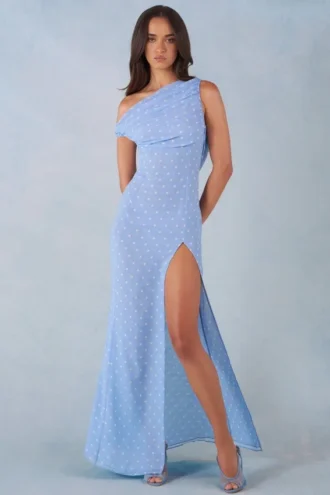Rochie maxi cu un umăr Nivara, cu imprimeu cu buline albastre