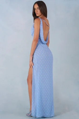 Rochie maxi cu un umăr Nivara, cu imprimeu cu buline albastre