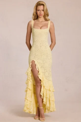 Rochie maxi cu volane din dantelă Celira, galben lămâie