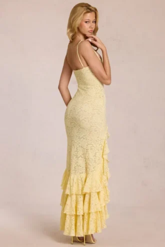 Rochie maxi cu volane din dantelă Celira, galben lămâie
