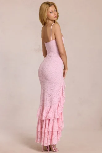 Rochie maxi cu volane din dantelă Celira în roz floare