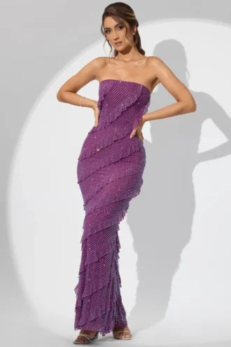 Rochie maxi cu volane și bretele, model Dulce, în culoarea prune