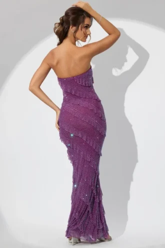 Rochie maxi cu volane și bretele, model Dulce, în culoarea prune