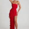 Rochie maxi cu volane și decolteu bandeau Nevali, roșie Rochie maxi cu volane și decolteu bandeau Nevali, roșie