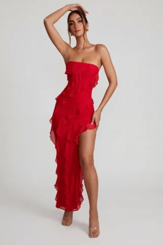 Rochie maxi cu volane și decolteu bandeau Nevali, roșie