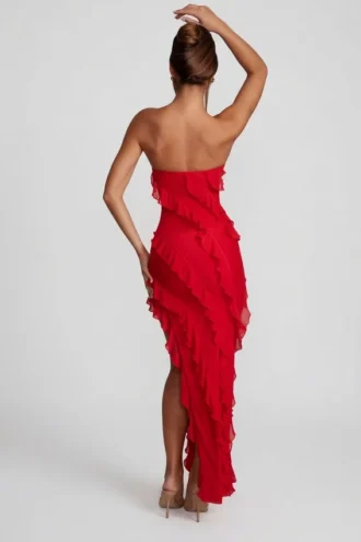 Rochie maxi cu volane și decolteu bandeau Nevali, roșie