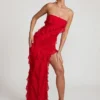 Rochie maxi cu volane și decolteu bandeau Nevali, roșie Rochie maxi cu volane și decolteu bandeau Nevali, roșie
