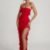 Rochie maxi cu volane și decolteu bandeau Nevali, roșie Rochie maxi cu volane și decolteu bandeau Nevali, roșie