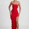 Rochie maxi cu volane și decolteu bandeau Nevali, roșie Rochie maxi cu volane și decolteu bandeau Nevali, roșie