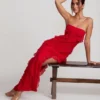 Rochie maxi cu volane și decolteu bandeau Nevali, roșie Rochie maxi cu volane și decolteu bandeau Nevali, roșie