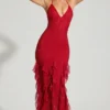 Rochie maxi cu volane și gât halter, decorată, de la Anley, în roșu Rochie maxi cu volane și gât halter, decorată, de la Anley, în roșu