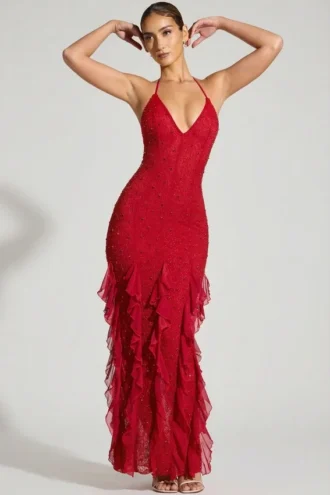 Rochie maxi cu volane și gât halter, decorată, de la Anley, în roșu