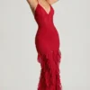 Rochie maxi cu volane și gât halter, decorată, de la Anley, în roșu Rochie maxi cu volane și gât halter, decorată, de la Anley, în roșu